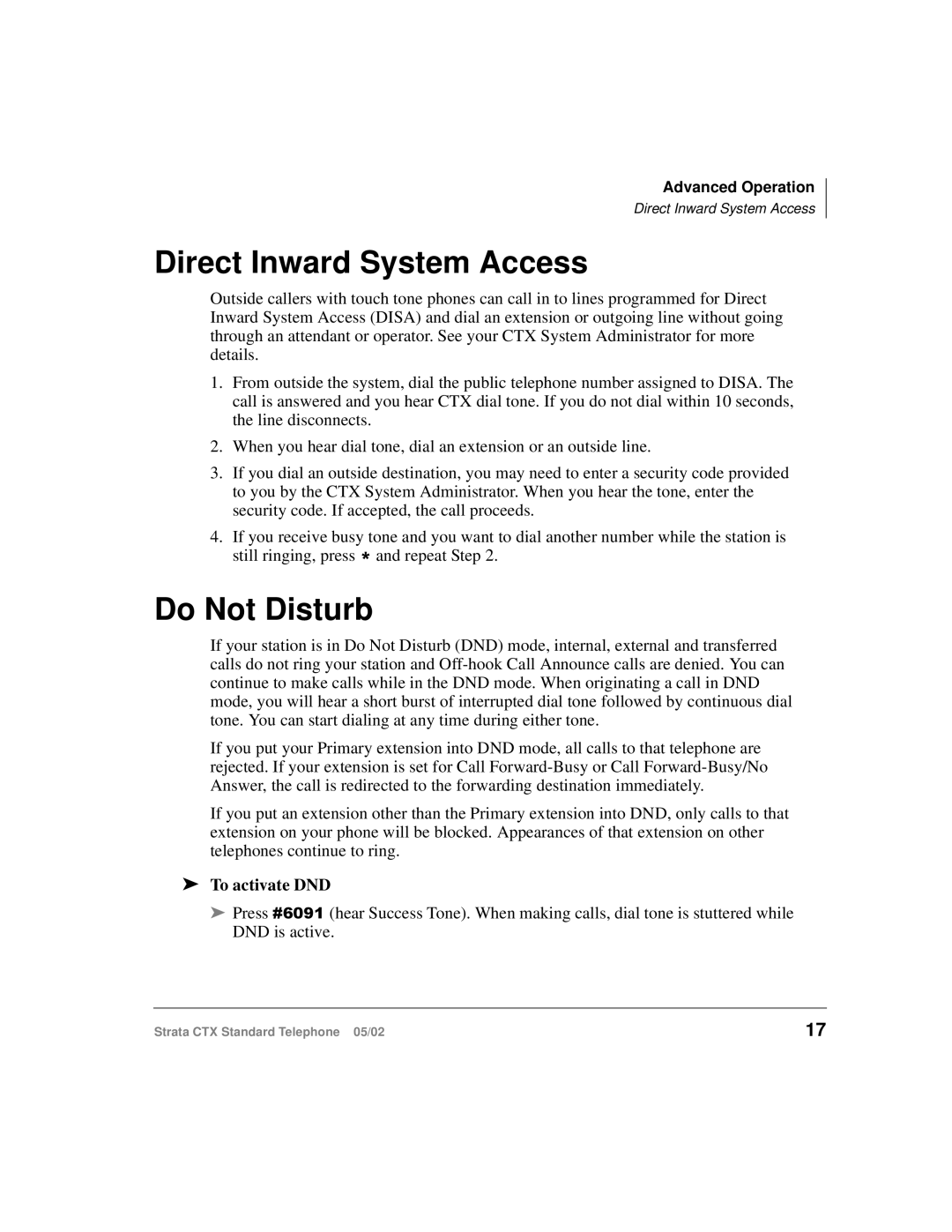 Toshiba Strata CTX manual Direct Inward System Access, Do Not Disturb, To activate DND 