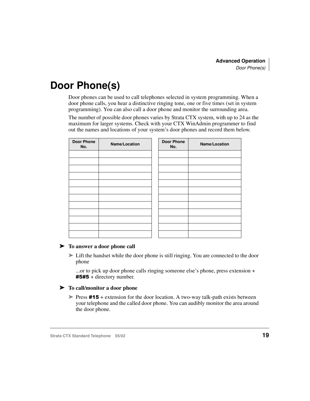 Toshiba Strata CTX manual Door Phones, To answer a door phone call, To call/monitor a door phone, Door Phone Name/Location 