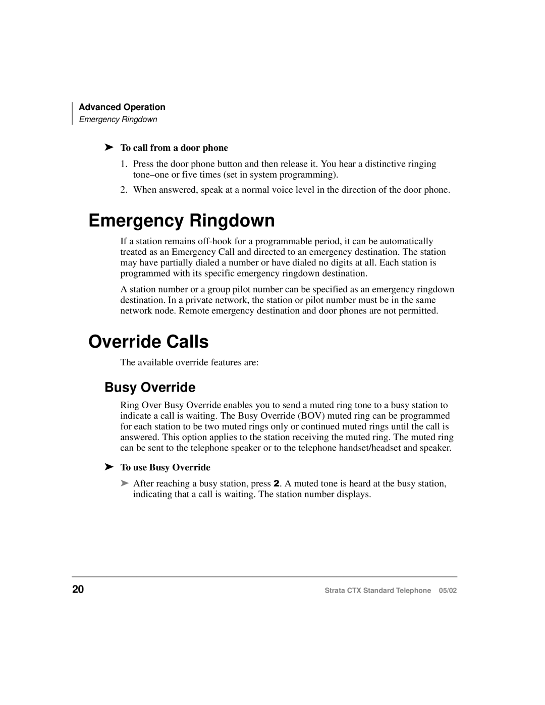 Toshiba Strata CTX manual Emergency Ringdown, Override Calls, To call from a door phone, To use Busy Override 