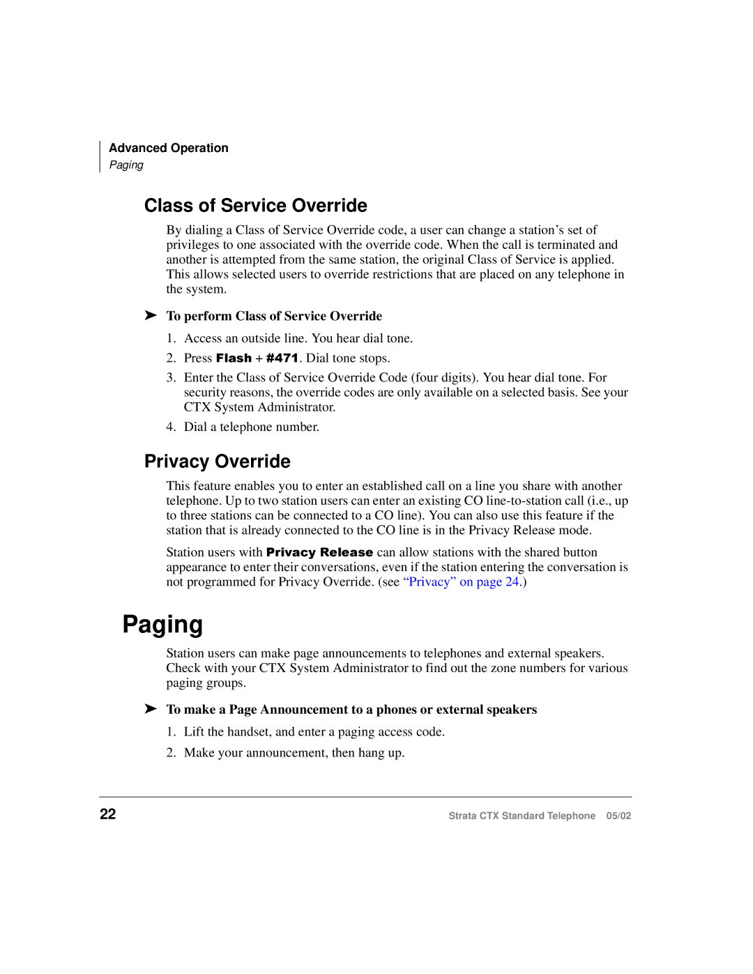 Toshiba Strata CTX manual Paging, Privacy Override, To perform Class of Service Override 