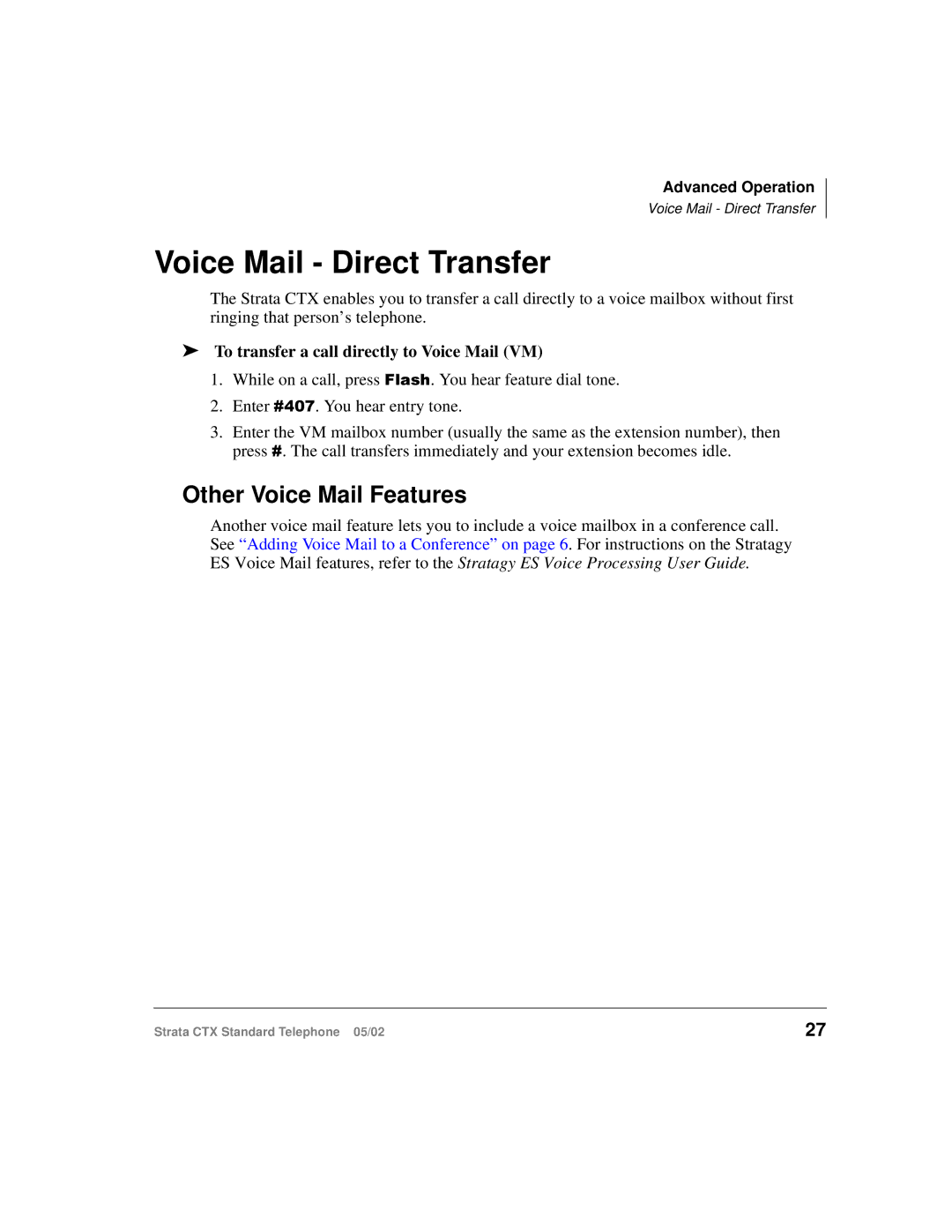 Toshiba Strata CTX manual Voice Mail Direct Transfer, Other Voice Mail Features 