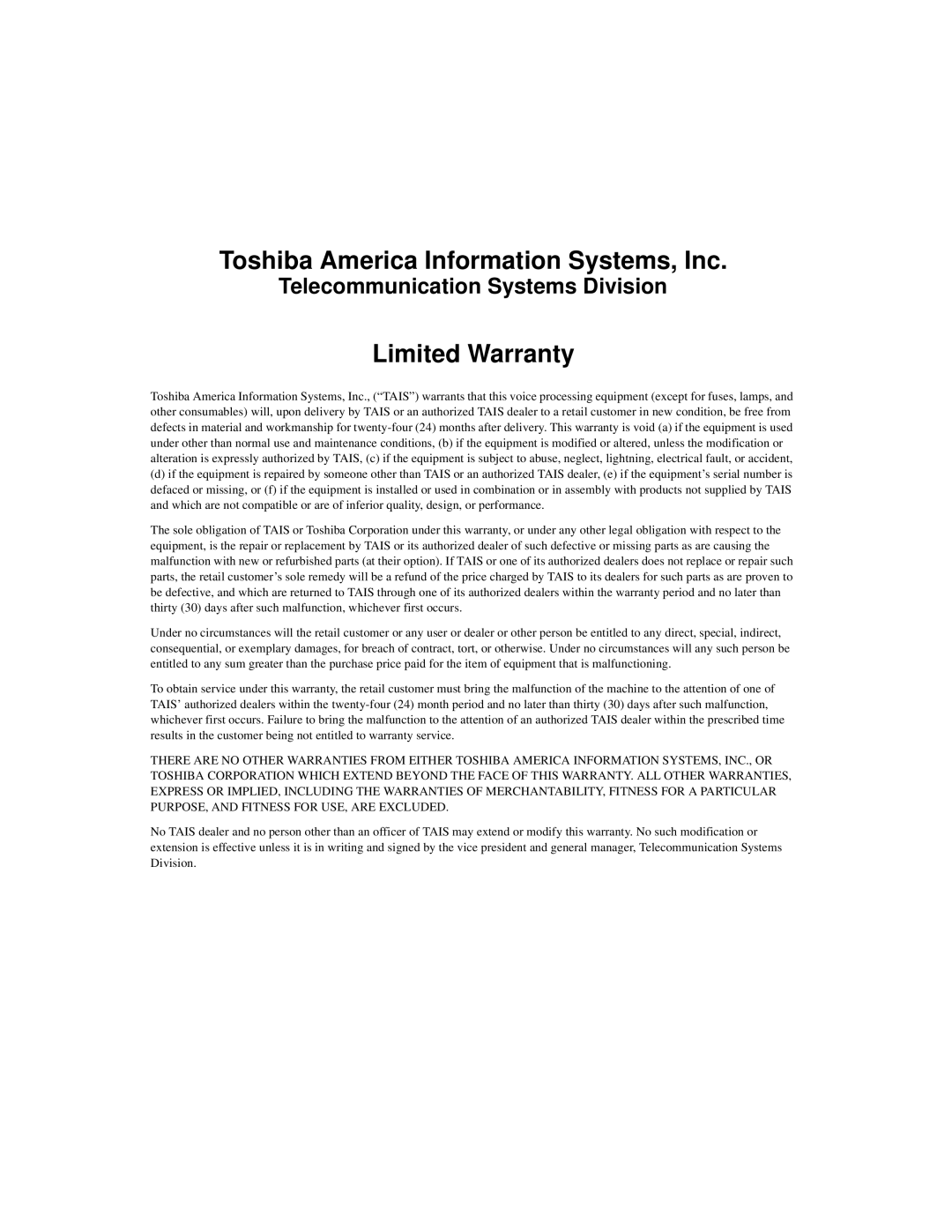 Toshiba Strata CTX manual Toshiba America Information Systems, Inc 