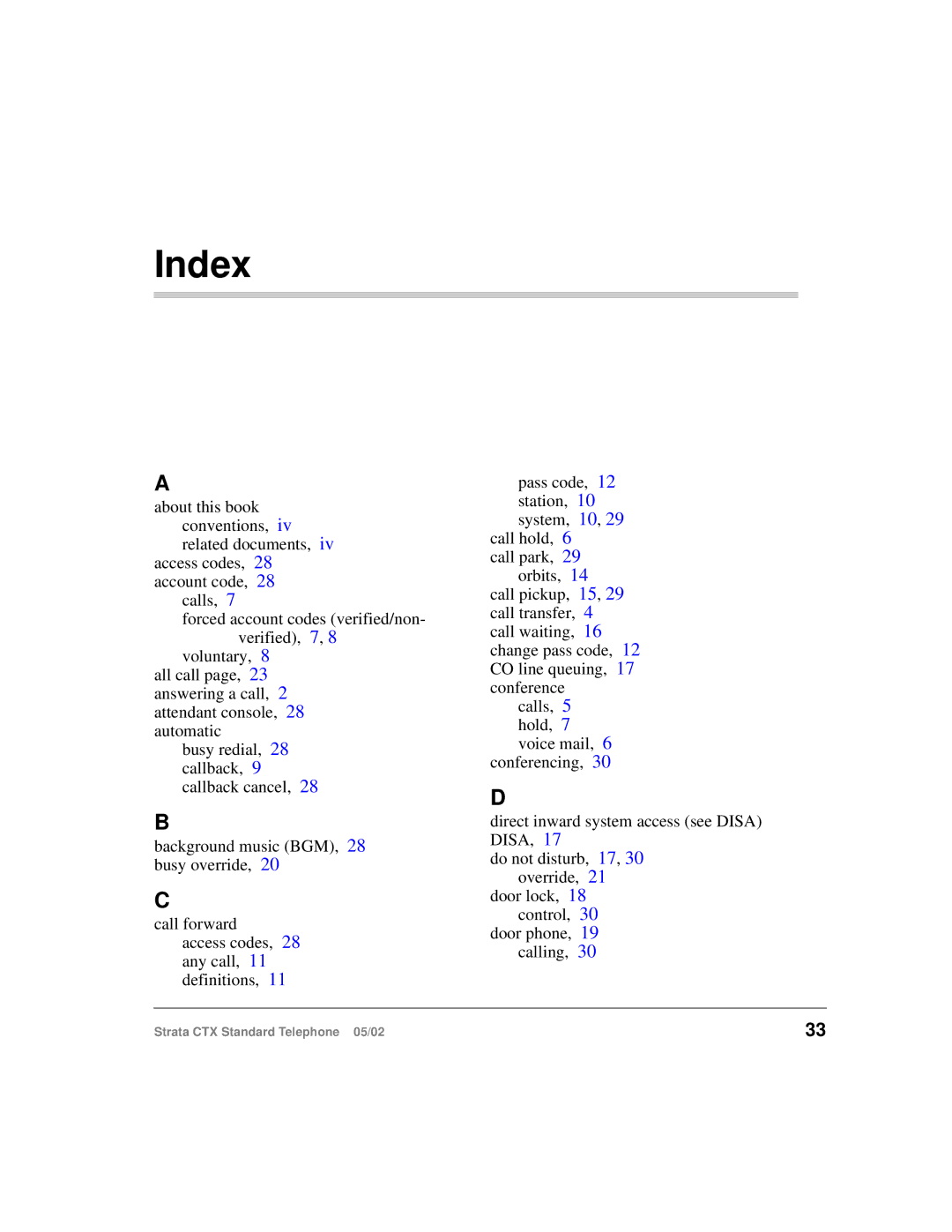 Toshiba Strata CTX manual Index 