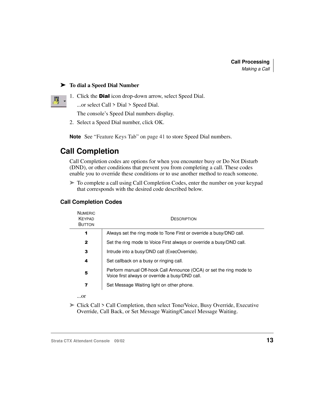 Toshiba Strata CTX manual Call Completion, To dial a Speed Dial Number 