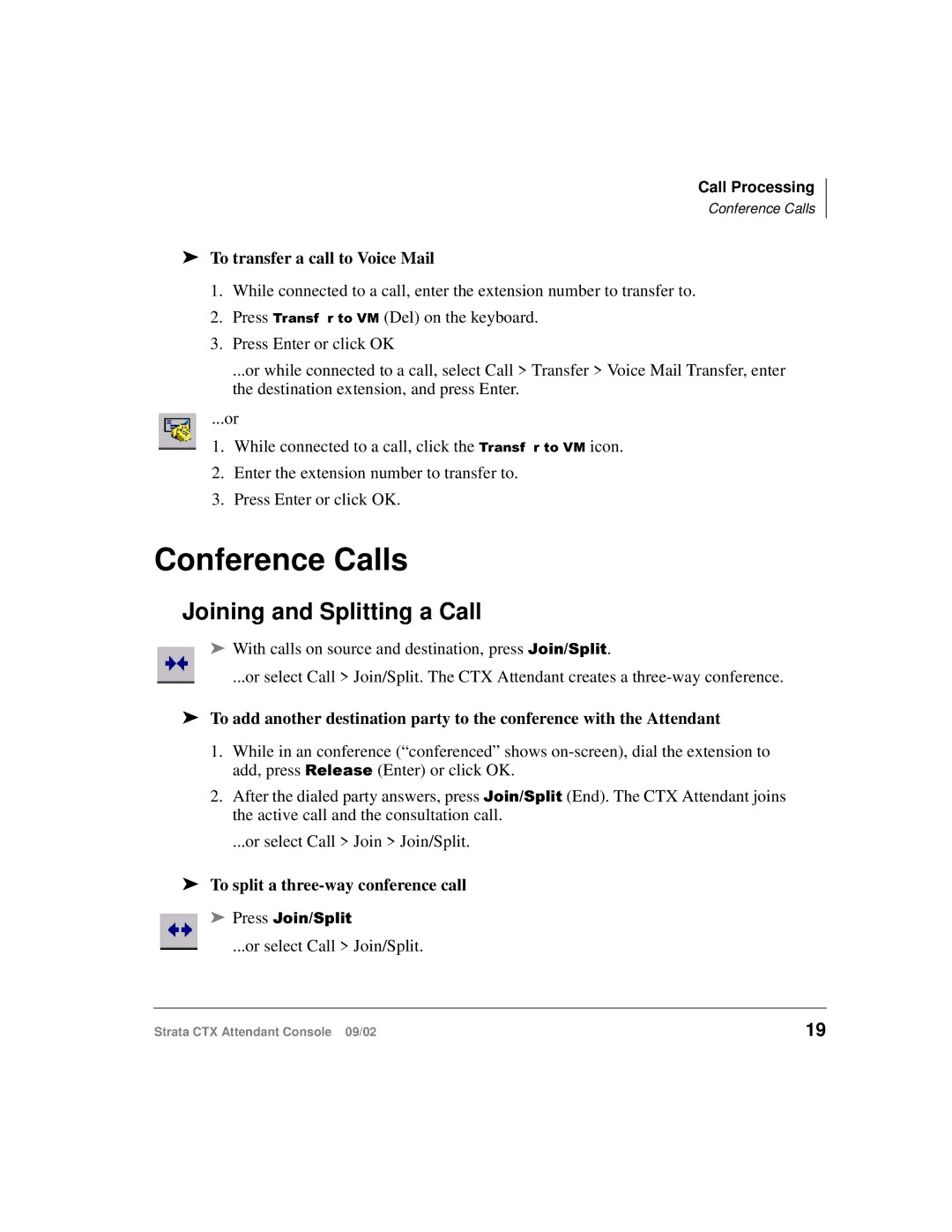 Toshiba Strata CTX manual Conference Calls, Joining and Splitting a Call, To transfer a call to Voice Mail 