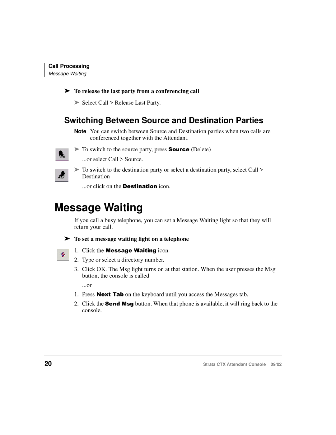 Toshiba Strata CTX manual Message Waiting, Switching Between Source and Destination Parties 