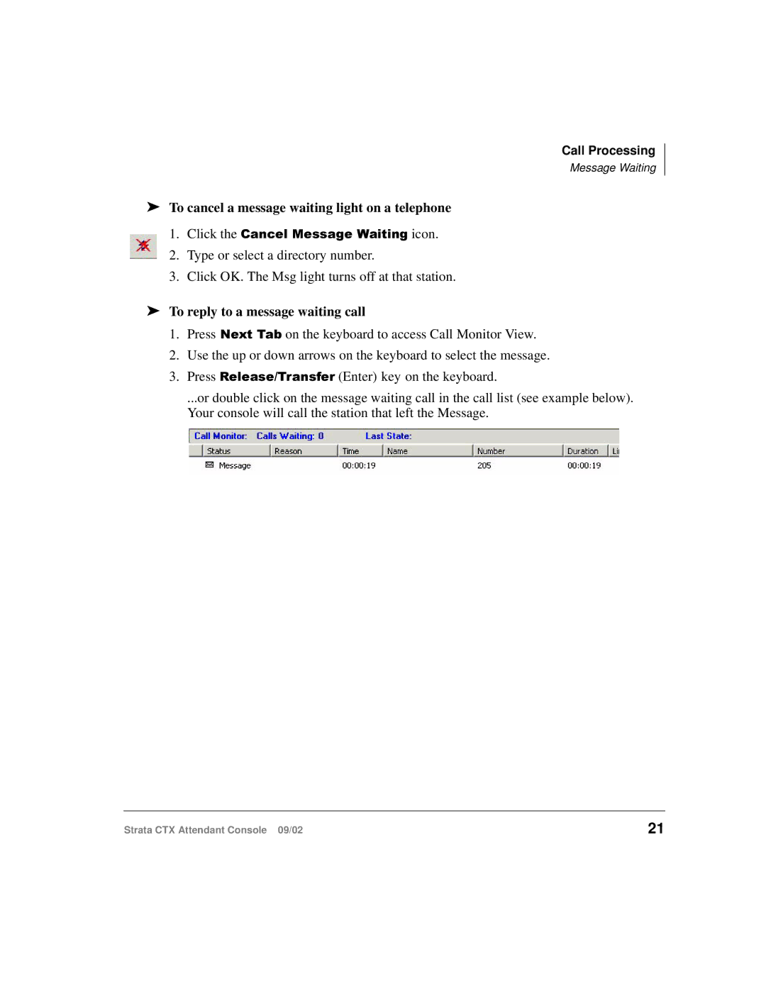 Toshiba Strata CTX manual To cancel a message waiting light on a telephone, To reply to a message waiting call 