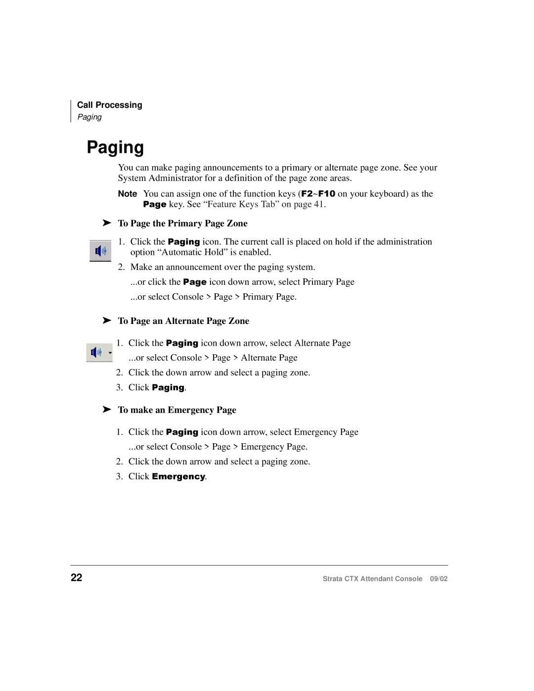 Toshiba Strata CTX manual Paging, To Page the Primary Page Zone, To Page an Alternate Page Zone, To make an Emergency 