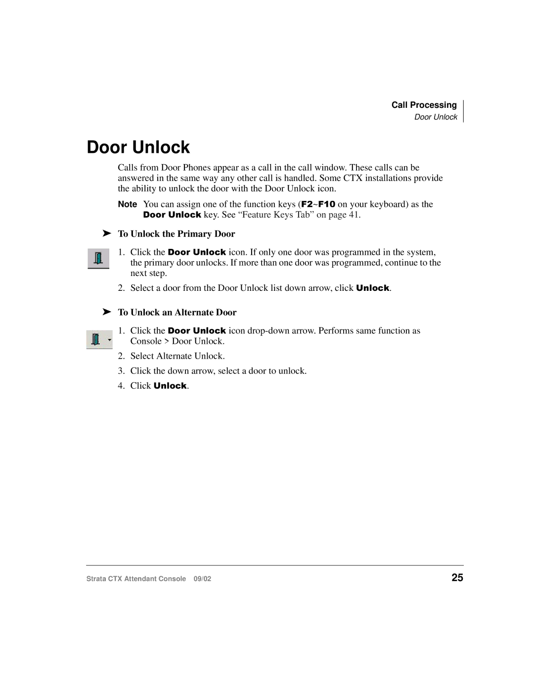 Toshiba Strata CTX manual Door Unlock, To Unlock the Primary Door, To Unlock an Alternate Door 