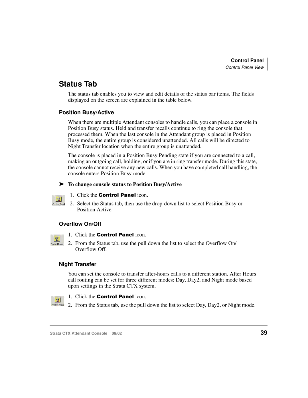 Toshiba Strata CTX manual Status Tab, To change console status to Position Busy/Active 