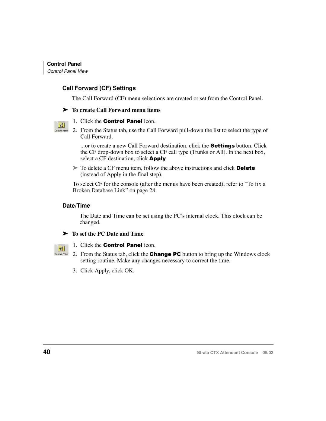 Toshiba Strata CTX manual To create Call Forward menu items, To set the PC Date and Time 