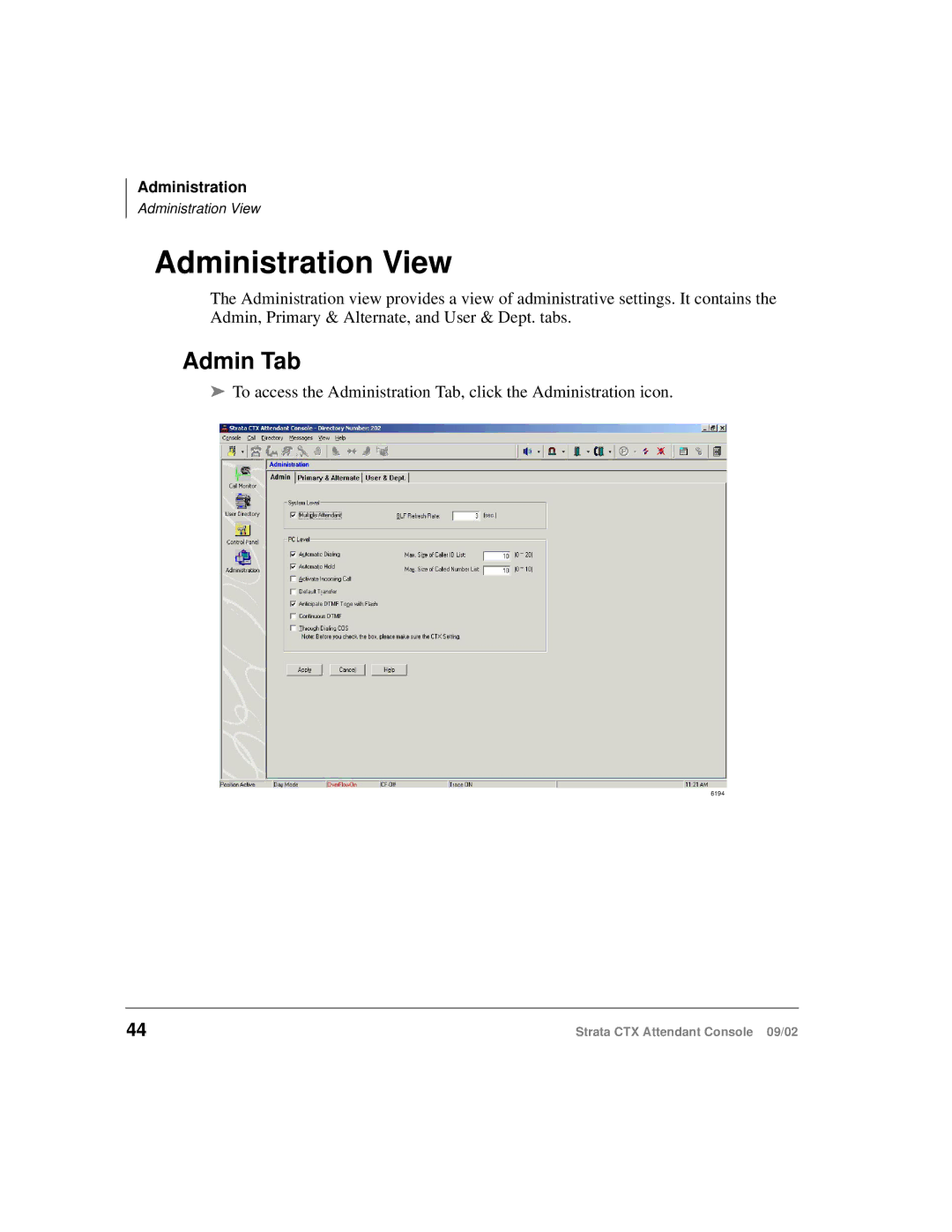 Toshiba Strata CTX manual Administration View, Admin Tab 