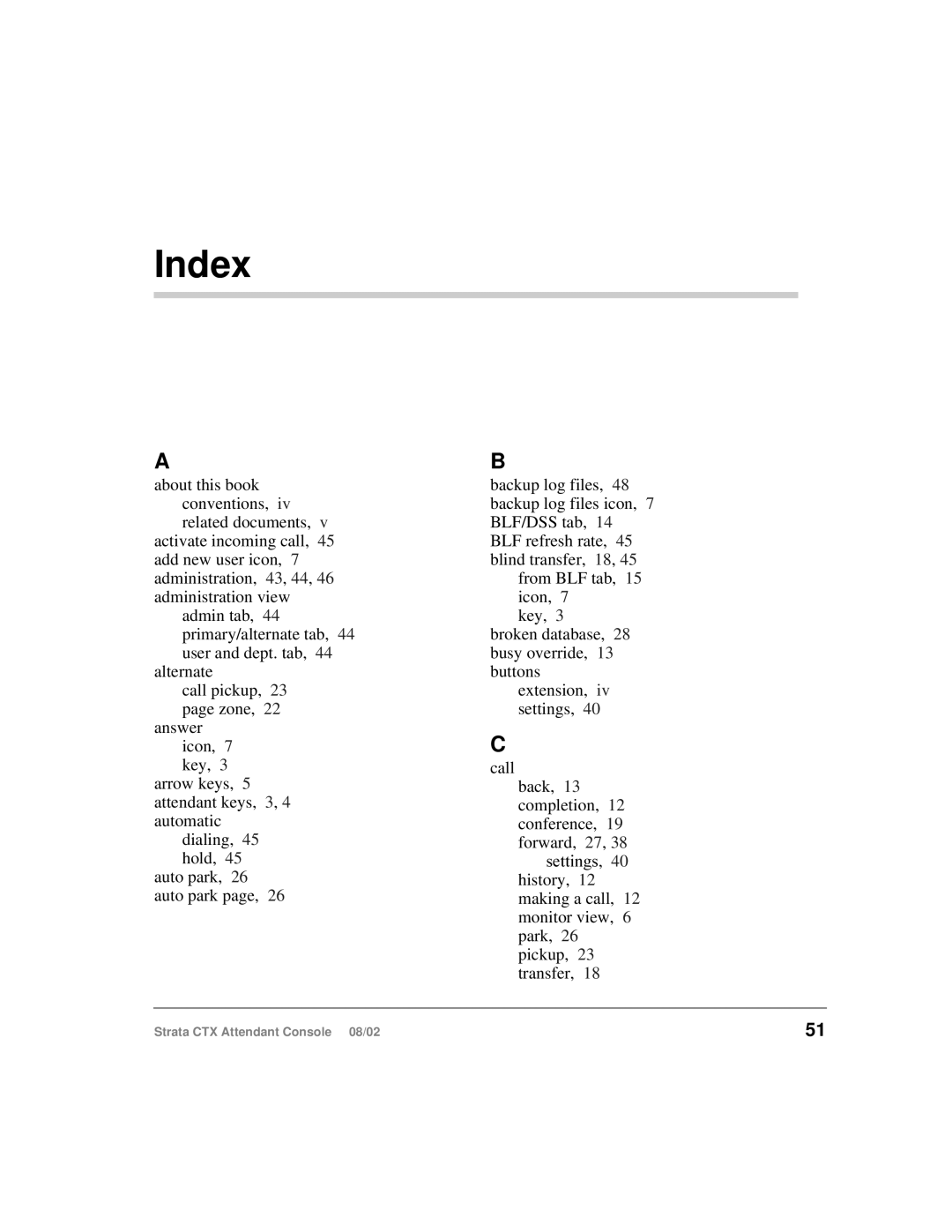 Toshiba Strata CTX manual Index 