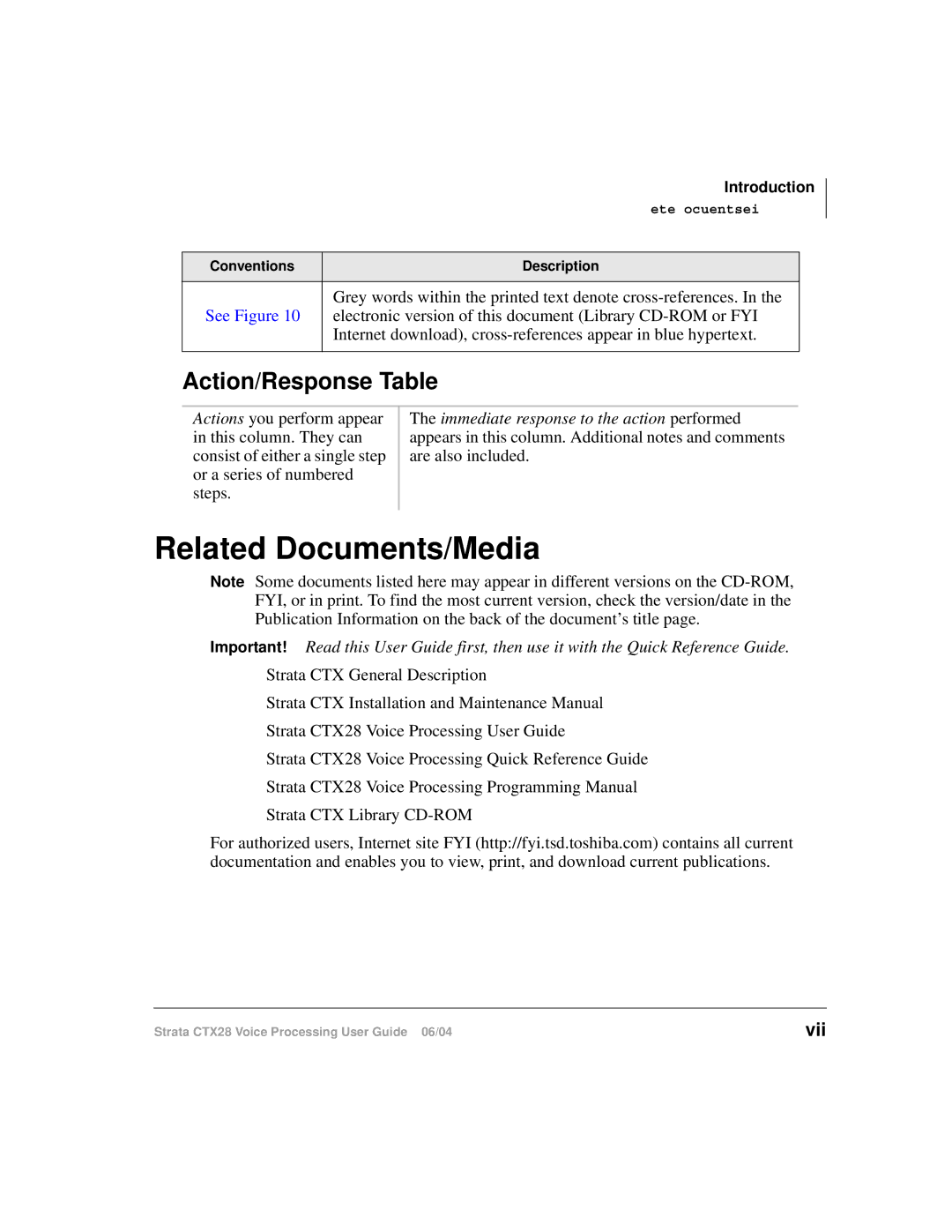 Toshiba Strata CTX28 manual Related Documents/Media, Action/Response Table 