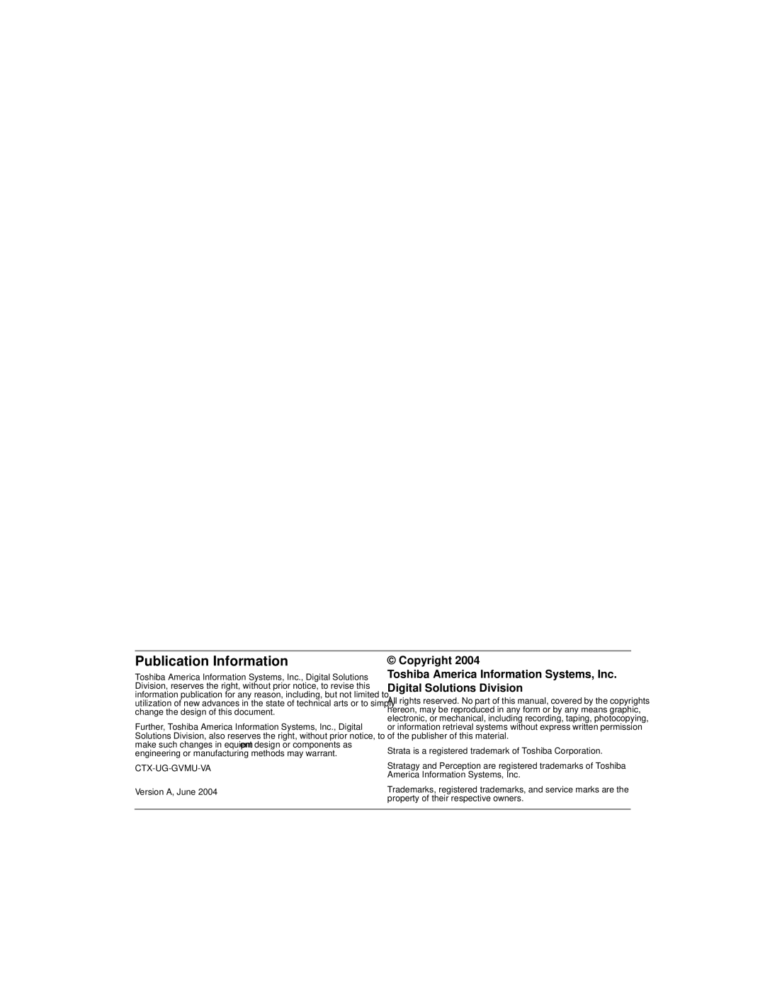 Toshiba Strata CTX28 manual Publication Information 