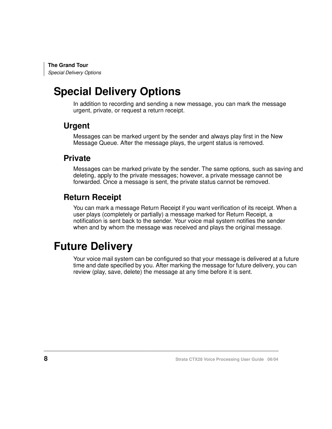 Toshiba Strata CTX28 manual Special Delivery Options, Future Delivery, Urgent, Private, Return Receipt 