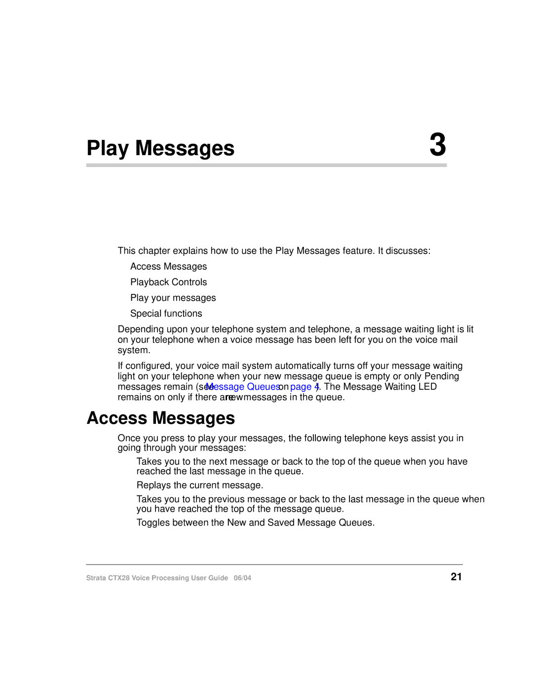 Toshiba Strata CTX28 manual Play Messages, Access Messages 