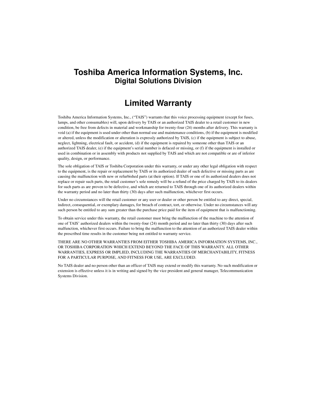 Toshiba Strata CTX28 manual Toshiba America Information Systems, Inc 