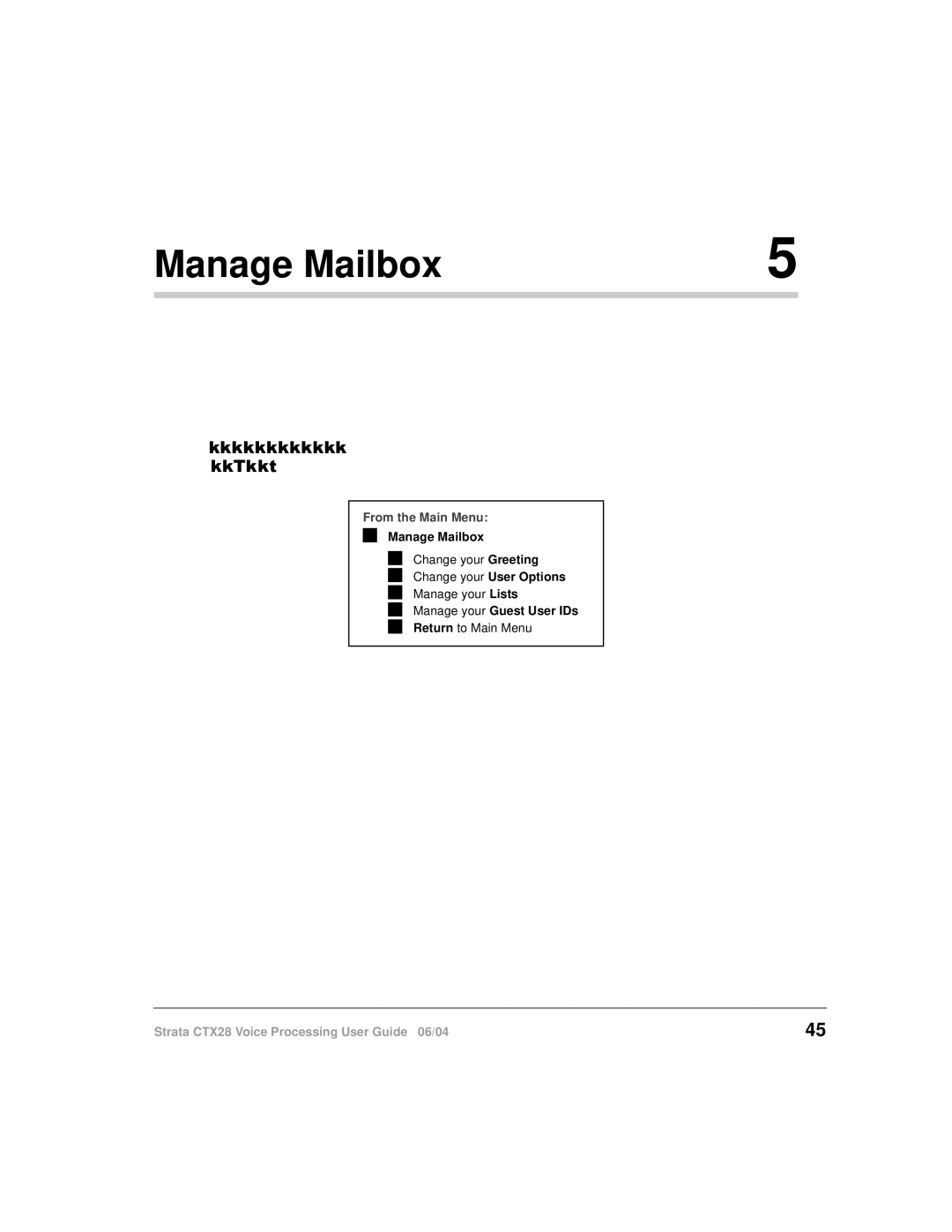 Toshiba Strata CTX28 manual Manage Mailbox, From the Main Menu 