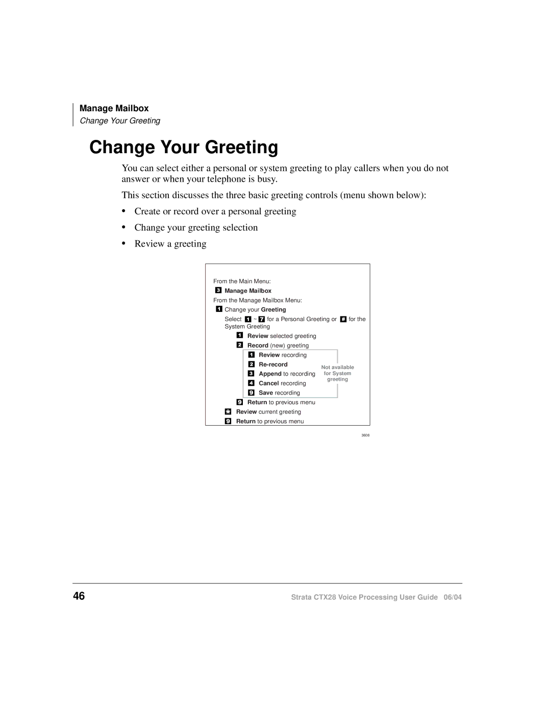 Toshiba Strata CTX28 manual Change Your Greeting, Manage Mailbox 