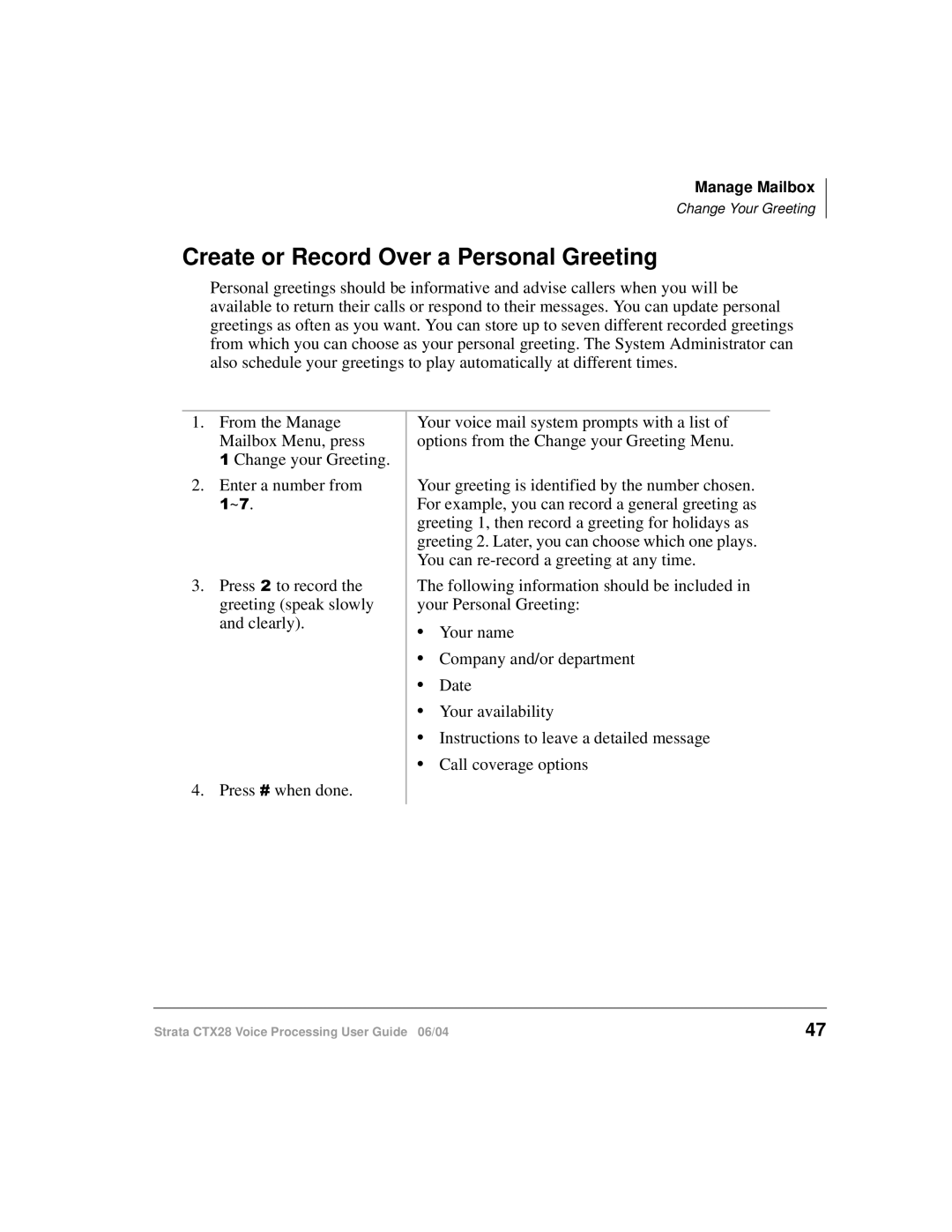 Toshiba Strata CTX28 manual Create or Record Over a Personal Greeting 