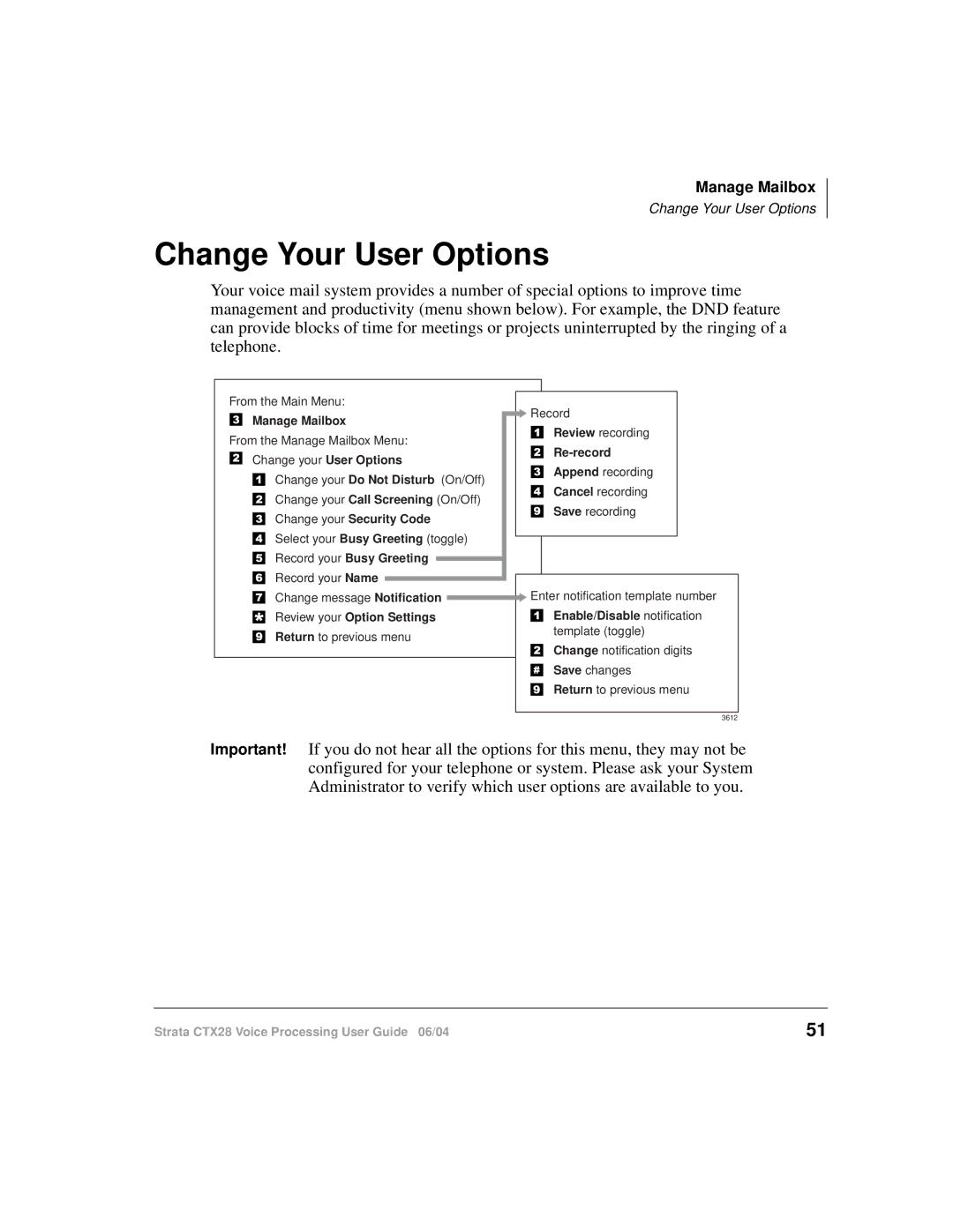 Toshiba Strata CTX28 manual Change Your User Options, Manage Mailbox 