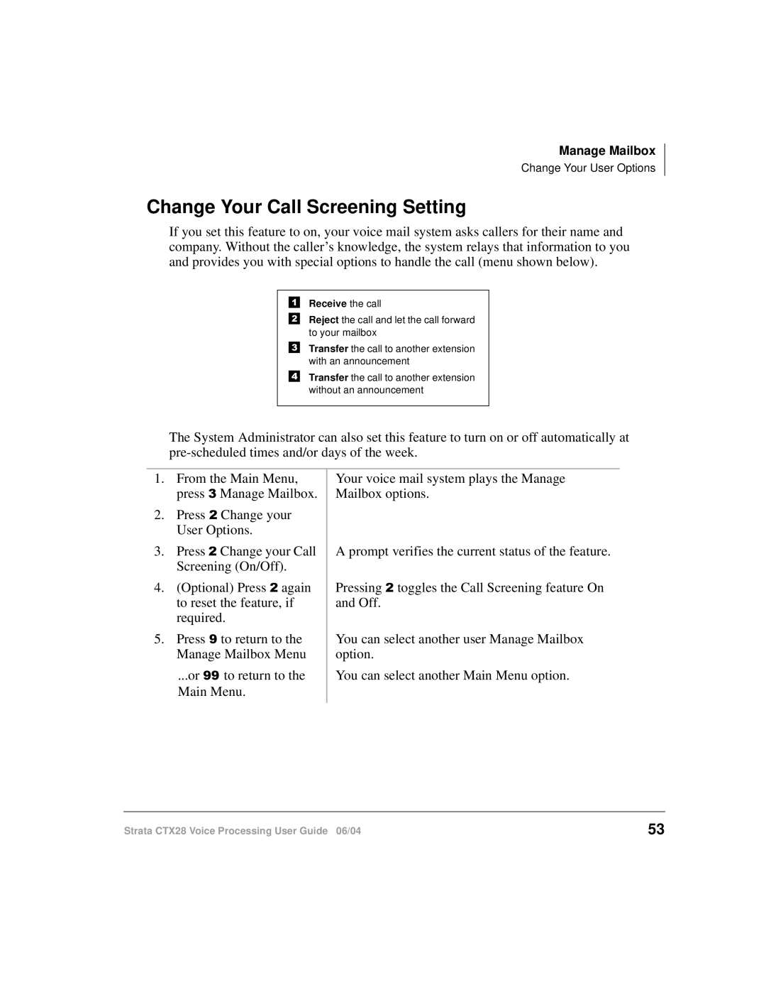 Toshiba Strata CTX28 manual Change Your Call Screening Setting 