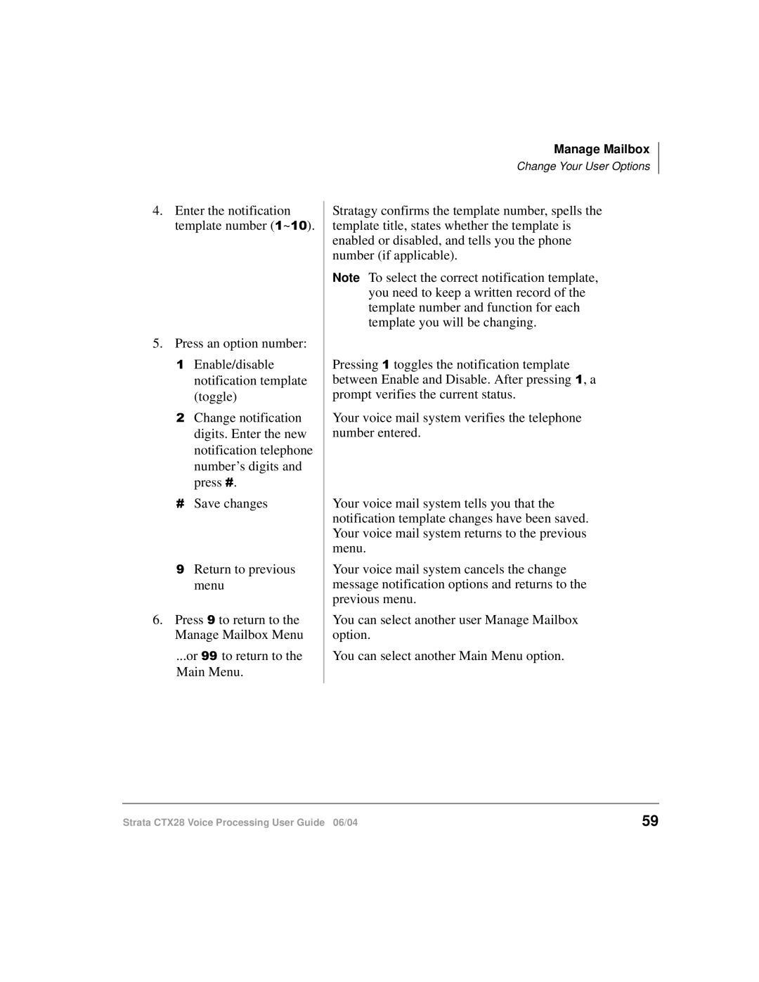 Toshiba Strata CTX28 manual Enter the notification template number ~ 