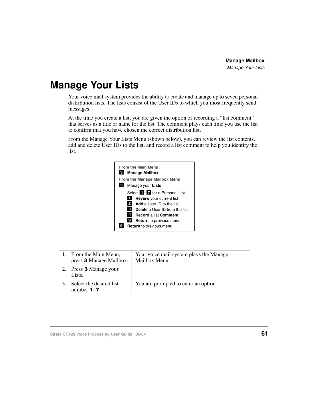 Toshiba Strata CTX28 manual Manage Your Lists, From the Manage Mailbox Menu 