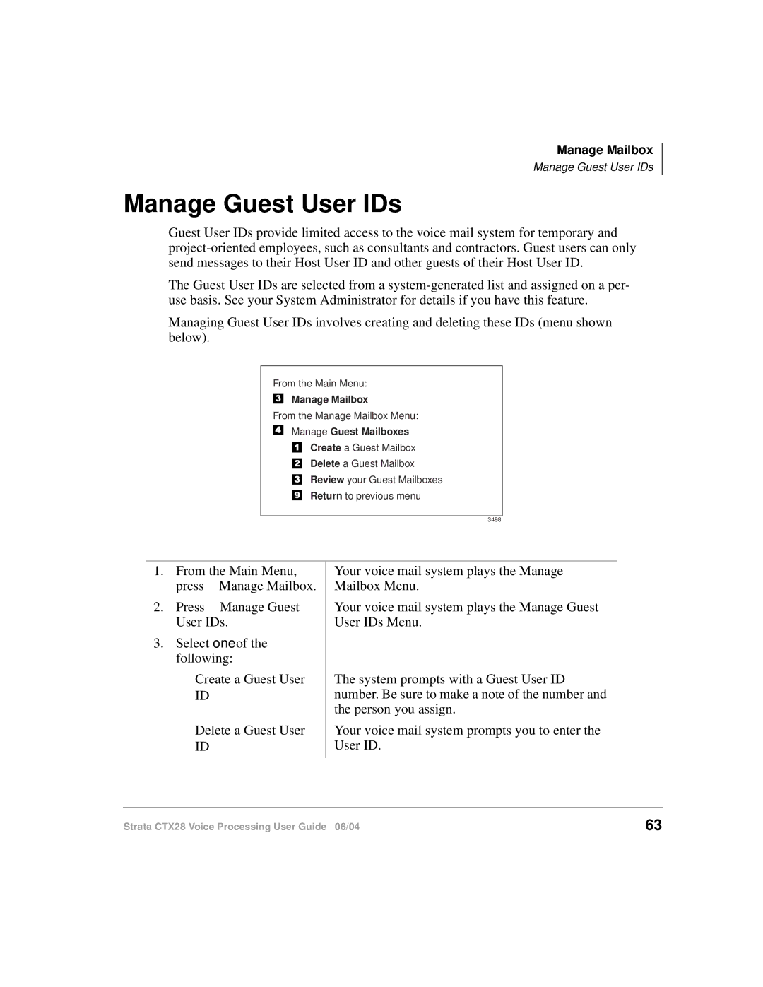 Toshiba Strata CTX28 manual Manage Guest User IDs, Manage Guest Mailboxes 