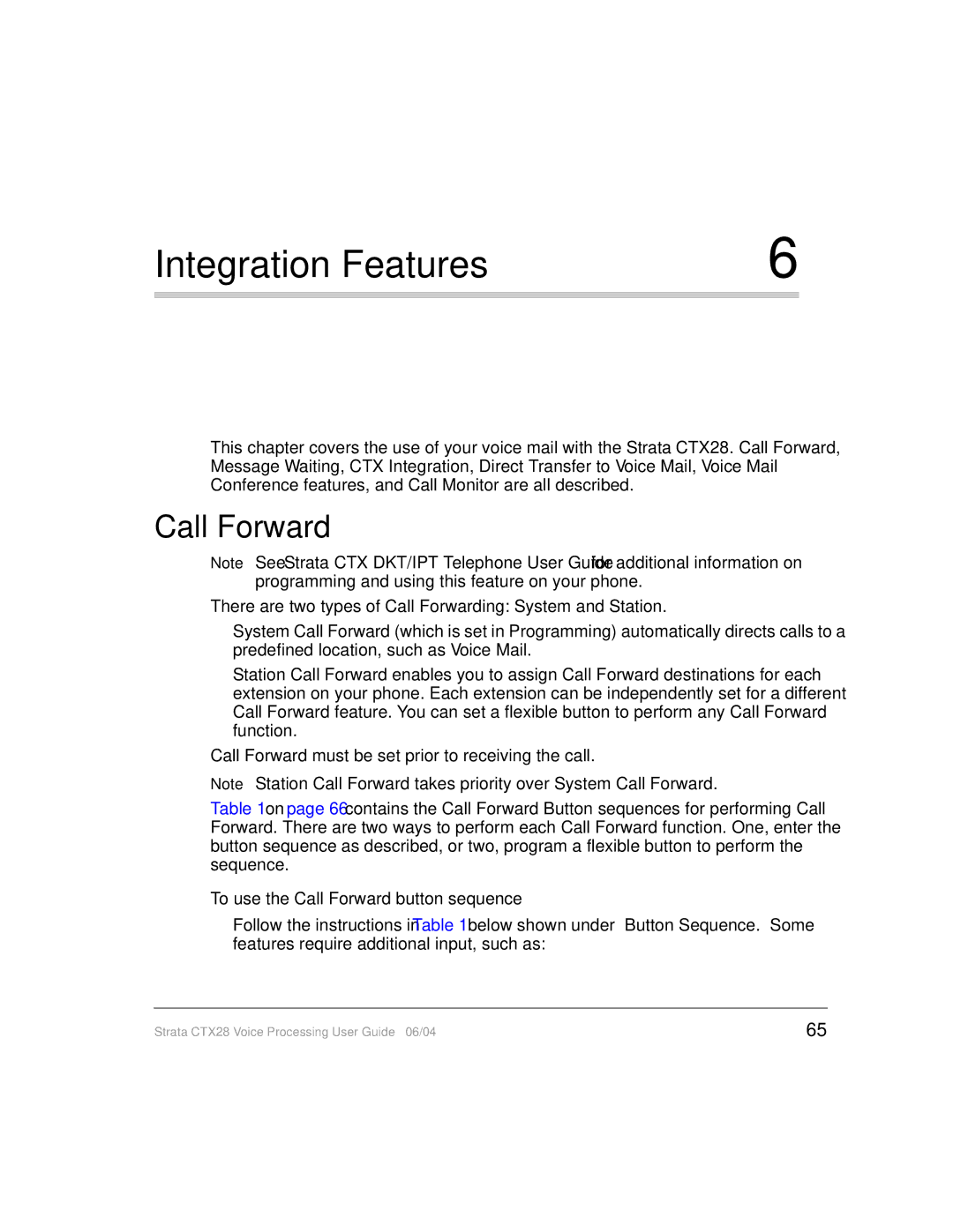 Toshiba Strata CTX28 manual Integration Features, Call Forward 