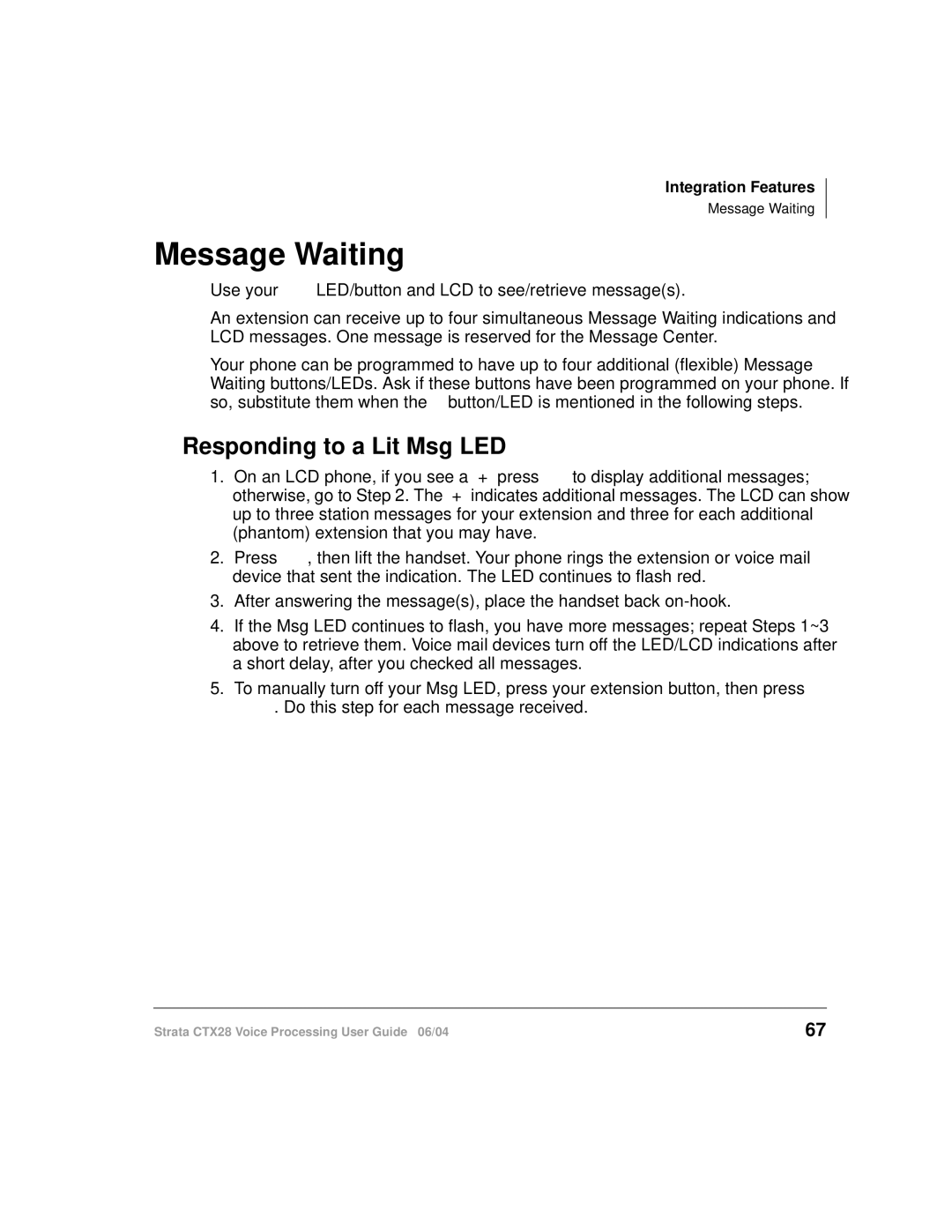 Toshiba Strata CTX28 manual Message Waiting, Responding to a Lit Msg LED 