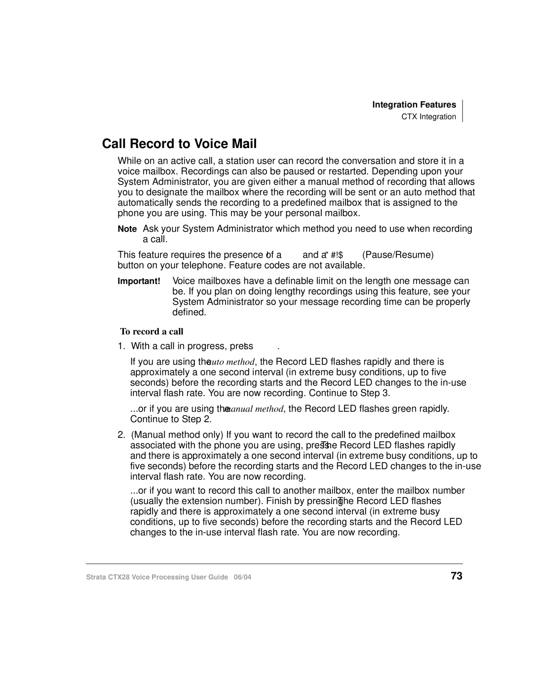 Toshiba Strata CTX28 manual Call Record to Voice Mail, ³ To record a call 