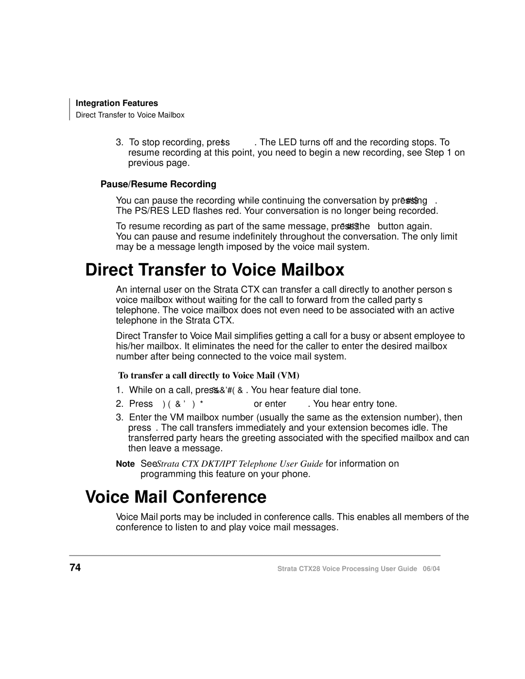 Toshiba Strata CTX28 manual Direct Transfer to Voice Mailbox, Voice Mail Conference 