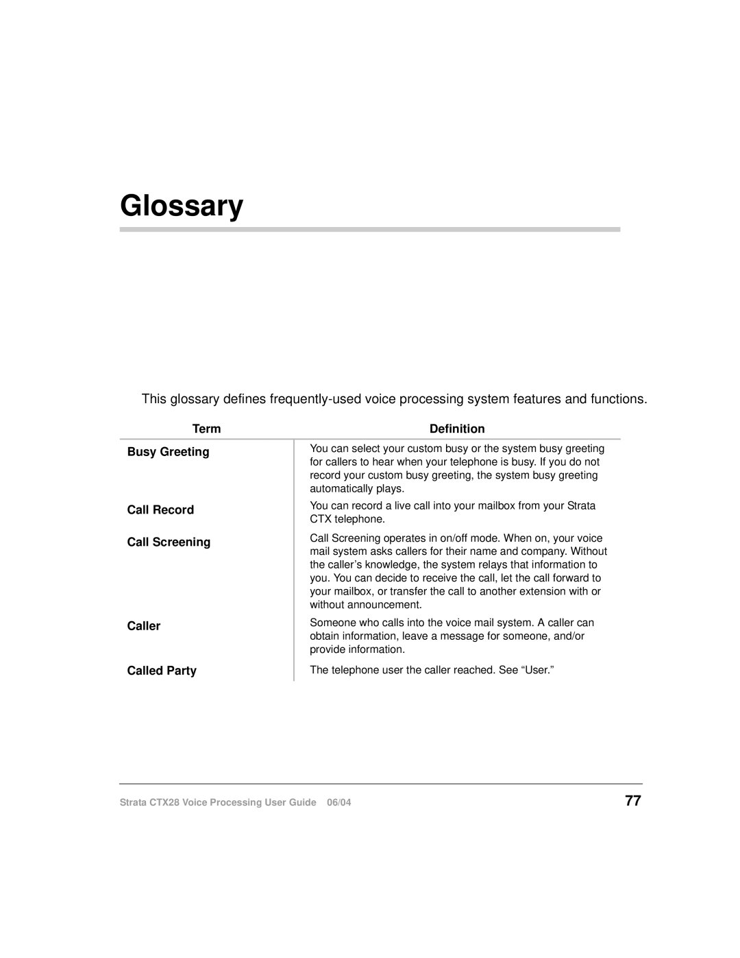 Toshiba Strata CTX28 manual Glossary, Term Definition Busy Greeting 