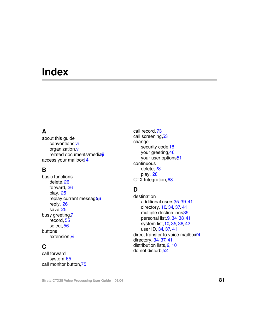 Toshiba Strata CTX28 manual Index 