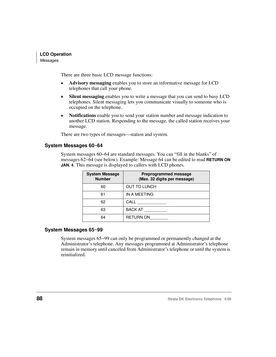 Toshiba Strata DK manual System Messages 60~64 