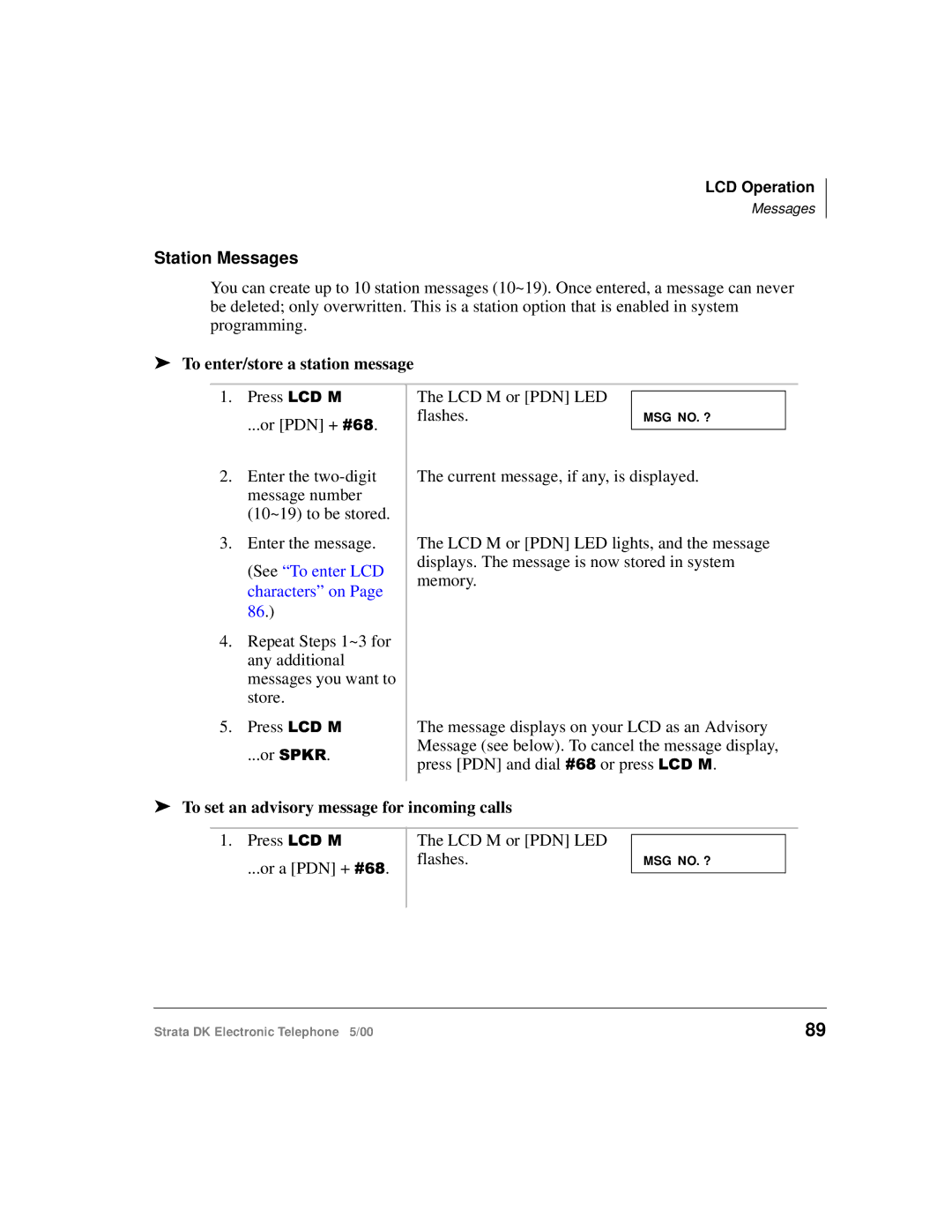 Toshiba Strata DK manual To enter/store a station message, To set an advisory message for incoming calls 