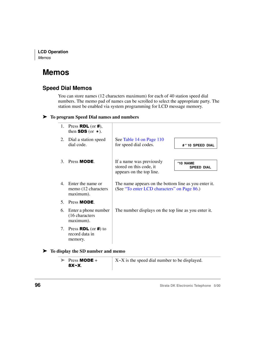 Toshiba Strata DK manual Speed Dial Memos, To program Speed Dial names and numbers, To display the SD number and memo 