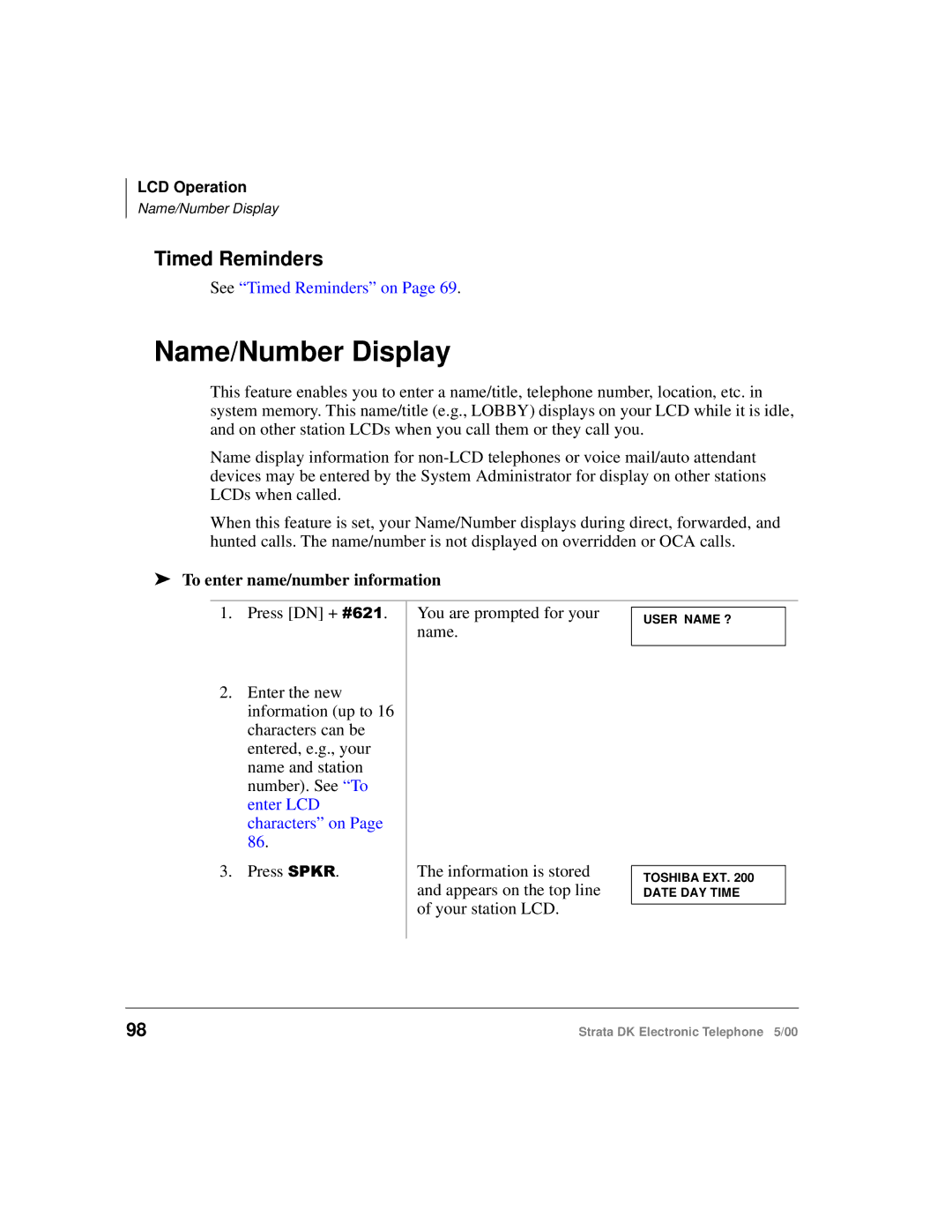 Toshiba Strata DK manual Name/Number Display, Timed Reminders, To enter name/number information 