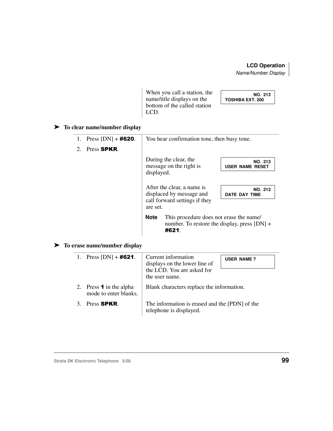 Toshiba Strata DK manual To clear name/number display, To erase name/number display 