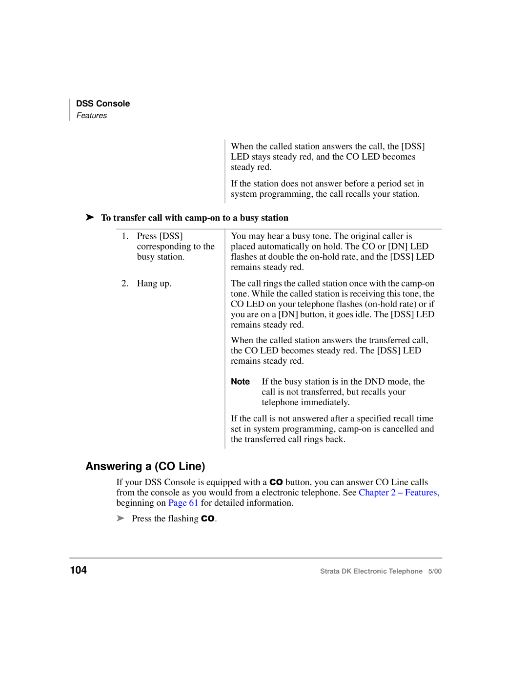 Toshiba Strata DK manual Answering a CO Line, 104, To transfer call with camp-on to a busy station 