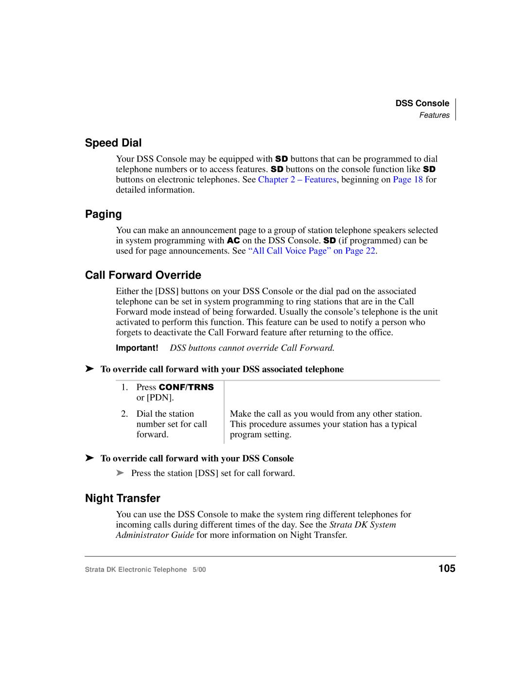 Toshiba Strata DK manual Speed Dial, Paging, Call Forward Override, Night Transfer, 105 