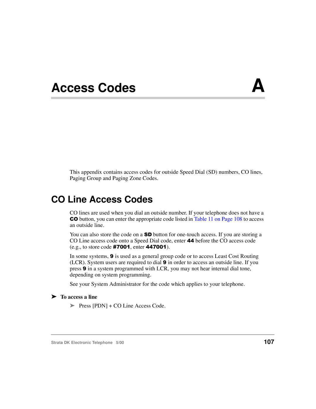 Toshiba Strata DK manual CO Line Access Codes, 107, To access a line 