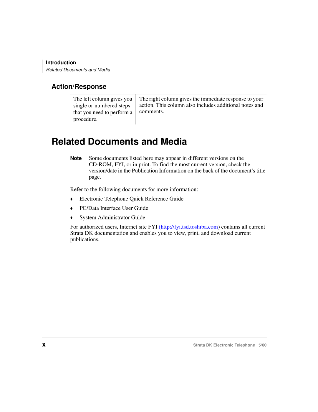 Toshiba Strata DK manual Related Documents and Media, Action/Response 