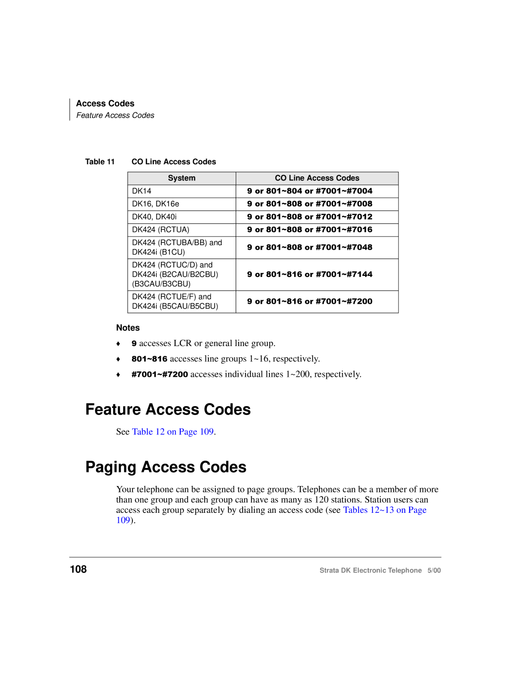 Toshiba Strata DK manual Feature Access Codes, Paging Access Codes, 108 