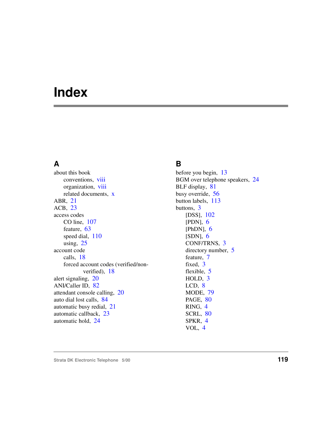 Toshiba Strata DK manual Index, 119 