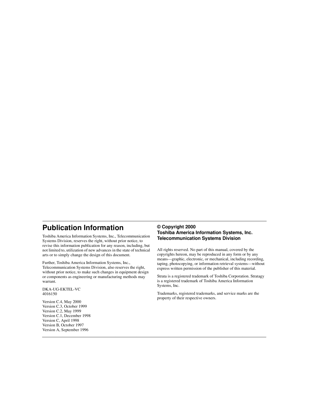 Toshiba Strata DK manual Publication Information 