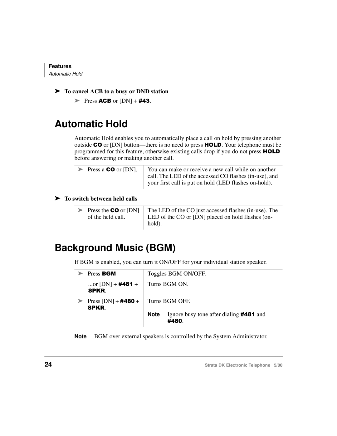 Toshiba Strata DK manual Automatic Hold, Background Music BGM, To cancel ACB to a busy or DND station, Press %*0 