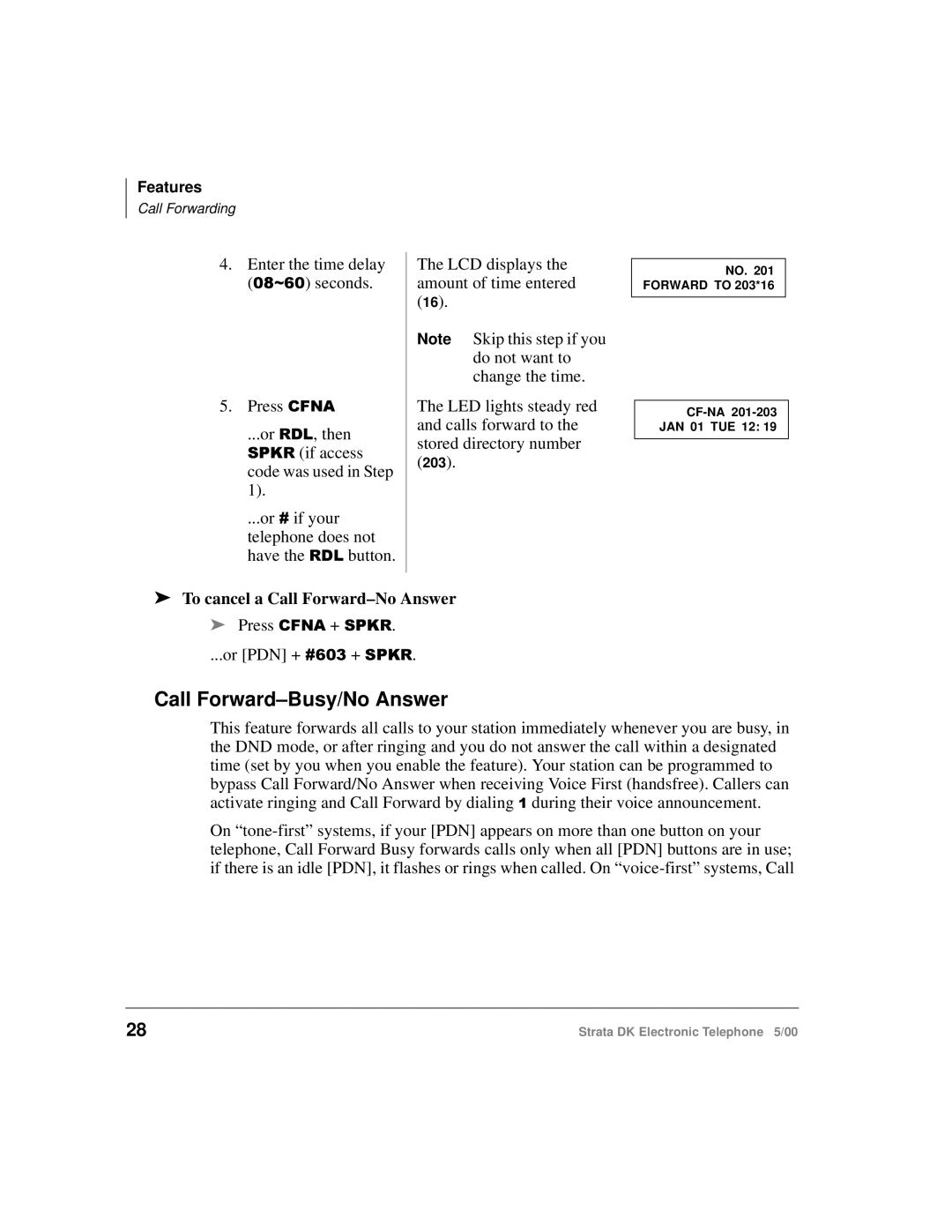 Toshiba Strata DK manual Call Forward-Busy/No Answer, To cancel a Call Forward-No Answer 